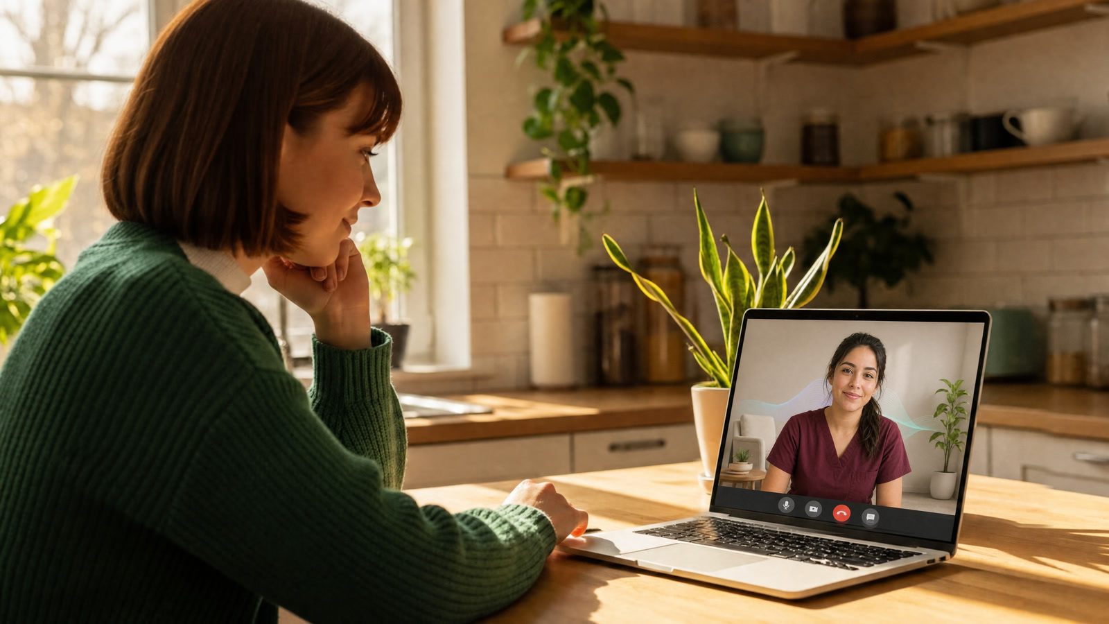 Wellness telehealth visit in warm morning light