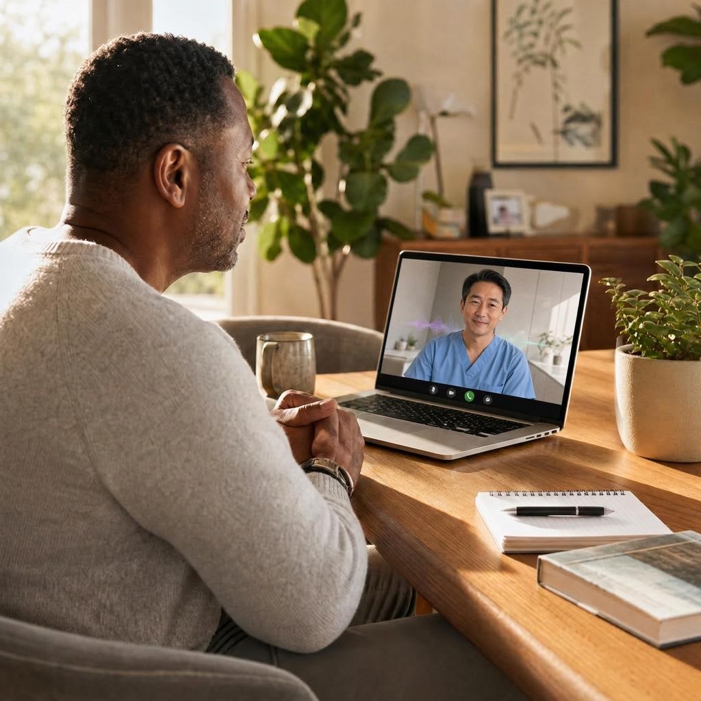 A man at his sunlit dining table during a telehealth urgent care visit